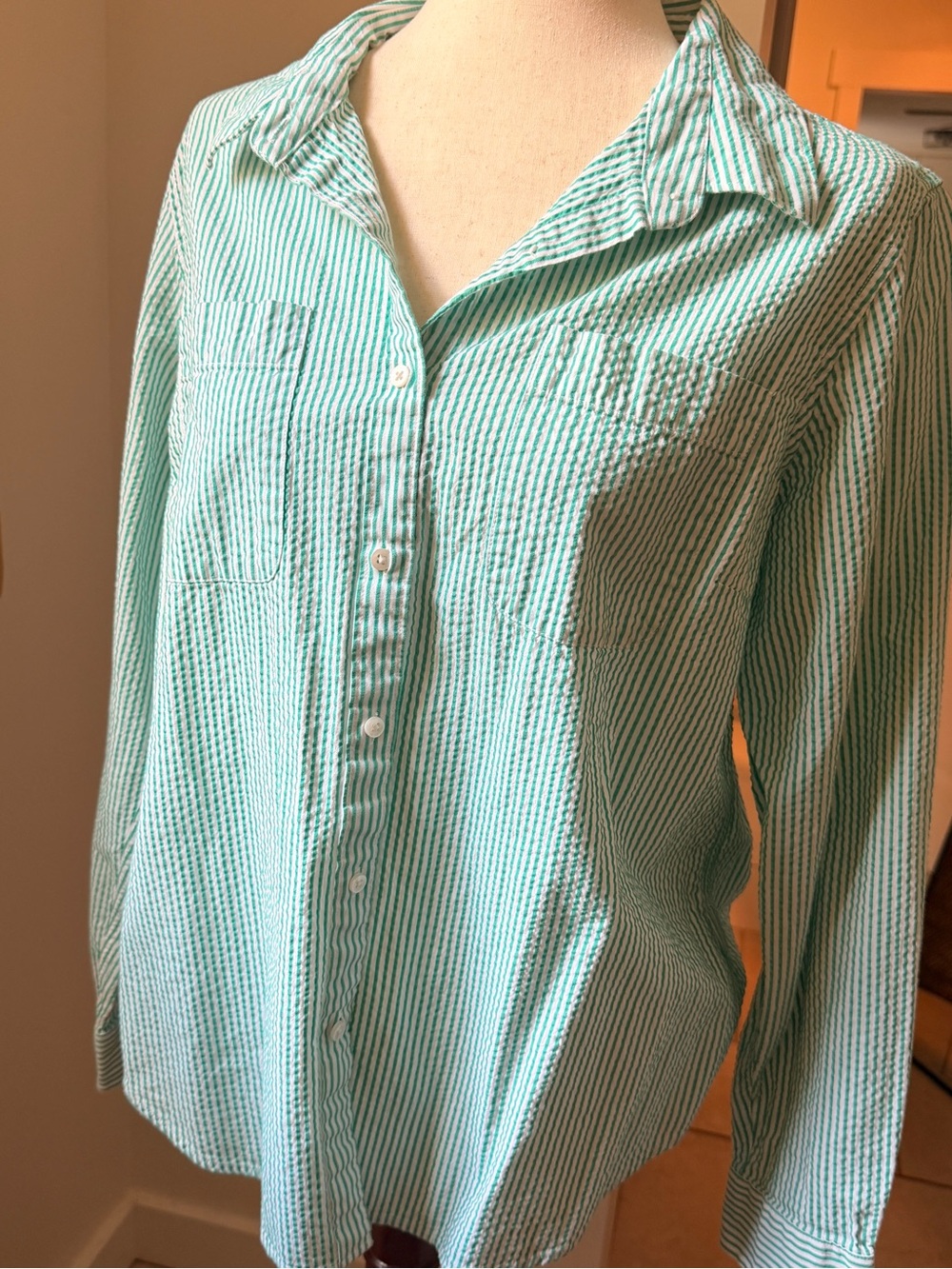 L.L. Bean Mint and White Striped Button-Down Shirt